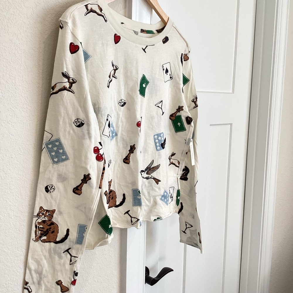 ♠️Anthropologie Caitlyn Long Sleeve Boxy Tee Maeve New Medium Cat Bird Ace Bunny - Picture 7 of 16
